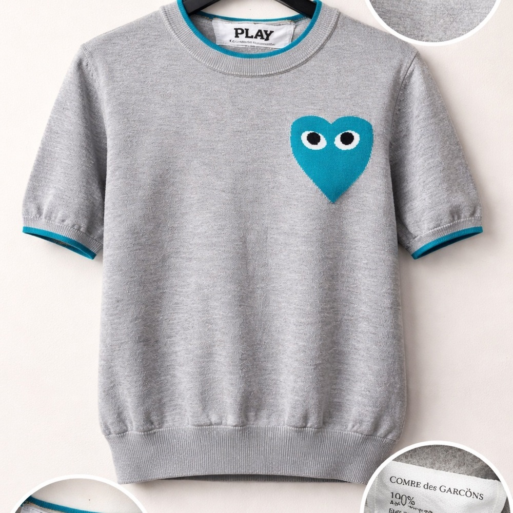 Comme des Garçons PLAY Gray Wool Short Sleeve Knit Top Heart Logo |